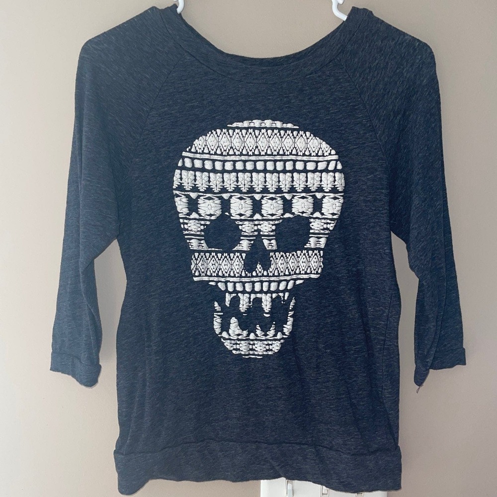 Women's Gray White Sugar Skull 3/4 sleeve Shirt Size Small
